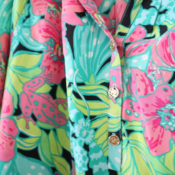 Lilly Pulitzer Size S 100% Silk Elsa Skip On It Top Blouse Frogs Floral - Picture 7 of 13